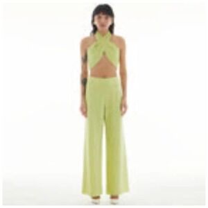 LBV. Women's Lurex Jersey Criss Cross Halter top 6 NWT 298 Acid Yellow